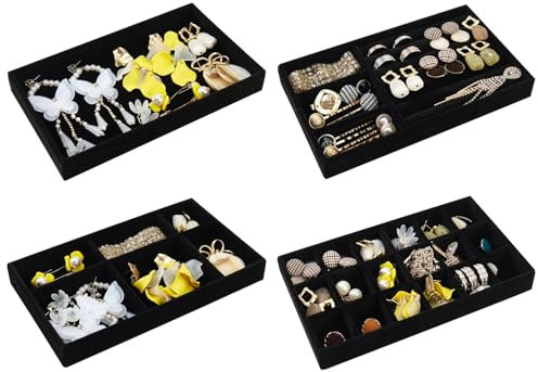 Jewelry Trays Organizer Set of 4 Jewellery Drawer Organiser Velvet Jewelry Organiser Stackers Jewellery Box Jewellery Tray Jewellery Storage Jewellery Organiser Tray for Earring Necklace Ring (black)