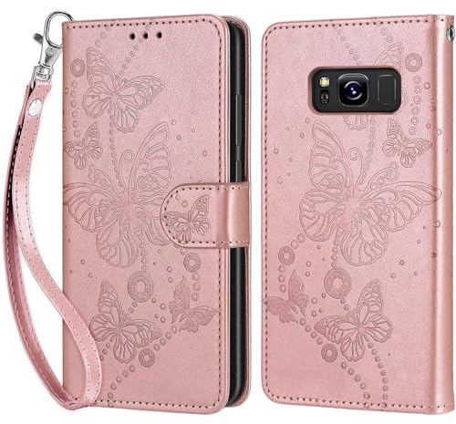 KENHONER Coque pour Samsung Galaxy S8 Portefeuille, Or Rose Papillon | Premium en Cuir PU, Housse Etui Multifonction, Fermeture Magnétique à Clapet, Anti-Choc, Compatible Book