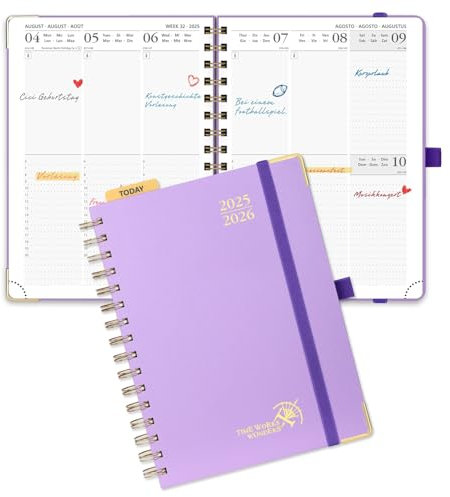 POPRUN Kalender 2025 2026 Buchkalender Ringbuch mit Hardcover, ca. A5 (21,5 x 16 cm), 17-Monate-Terminplaner (Aug.2025-Dez.2026), Wochenplaner 2025 2026 mit Plastiklineal - Violett