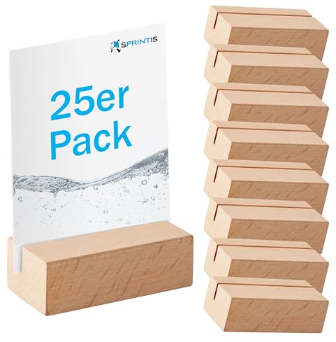 SPRINTIS Kartenhalter Holz 25 Stück, 6 x 3 cm, Fotohalter aus Buche mit geradem Einsteckschlitz, Tischkartenhalter perfekt für Hochzeiten, Buffets, Speisekarten & Tischnummern
