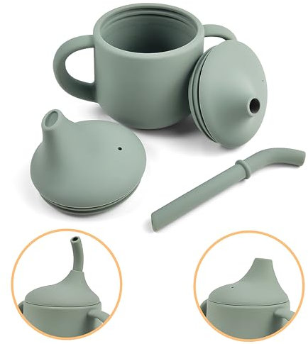 Pumpkin Products® Premium Stage One Sippy Cup, Silicone, Baby & Toddler. 3 Phase Beaker, Straw & Open-lid Cup, Two Handles 120ml / 4oz (Sage Green)