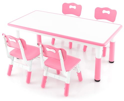 COSTWAY Kindertisch mit 4 Stühlen, Kindersitzgruppe höhenverstellbar mit Graffiti-Tischplatte, Kinder Tisch Stuhl Set, Maltisch Aktivitätstisch für Jungen Mädchen ab 18 Monaten (Rosa)