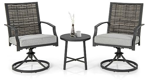 GYMAX 3-Teiliges Rattan Gartenmöbel Set, Schaukelstuhl Set inkl. 2 Stühlen & Kleiner Kaffeetisch mit Dicke Sitzkissen, Balkonmöbel, Sitzgruppe für Terrasse, Balkon & Garten