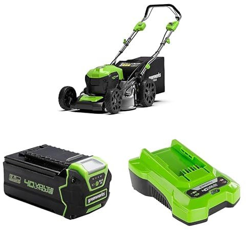 Greenworks Tondeuse à Gazon sans Fil Autopropulsée, Largeur de Coupe 46 cm, sans Batterie Ni Chargeur GD40LM46SP + Greenworks Batterie 40V 5Ah - G40B5 + Greenworks 40V 2A Chargeur de Batterie G40C