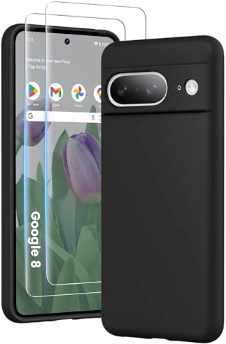 PuyaTeya für Google Pixel 8 hülle, mit 2 Stück 9H Panzerglas | Silikon Handyhülle, stoß- und kratzfest. 4-lagiges Mikrofaser-Innenfutter bietet sanften Schutz, Tiefschwarz
