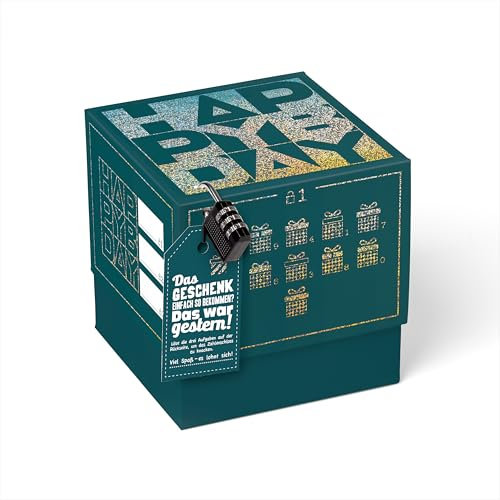 SURPRISA Geschenkbox Rätselbox Happy Bday – Petrol mit Glitzerfolie – kreative Verpackung für Geburtstagsgeschenke & Gutscheine (Größe 16 cm)