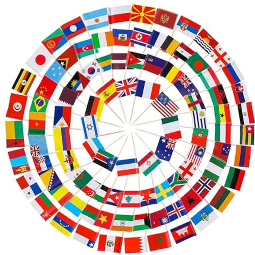 100 Verschieden Länder Weltflaggen Flagge Internationale Fahnen Zahnstocher,Fähnchen Cocktail Picks mit Doppelseitig Druck Nationalflagge Lebensmittel Picker Papier Kuchen Topper Sticks für Party Deko