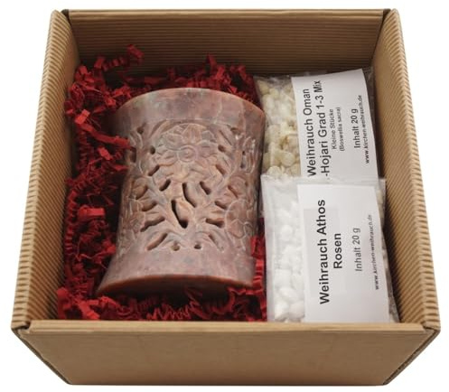 Geschenkset „Nilay“ – Räucherstövchen Speckstein mit Metallsieb, Metallscheibe & Premium Weihrauch Al-Hojari & Athos Rosen – In hochwertiger Geschenkbox
