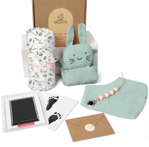 Neugeborenen Geschenk Junge & Mädchen Set 6 in 1, Neugeborenen Geschenk zur Geburt Baby Pucktuch Musselin, Schnuffeltuch,Lätzchen, Fußabdruck schnullerkette geschenkkarte (Green)