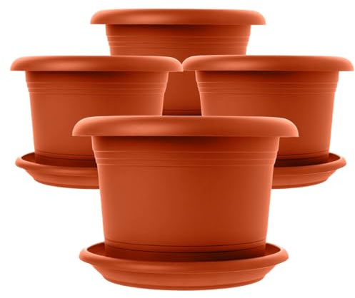 Lot de 4 pots de fleurs élégants de grande taille en terre cuite : pot de 30 cm de qualité supérieure avec soucoupe – Grand pot de fleurs allemand pour toutes les conditions météorologiques
