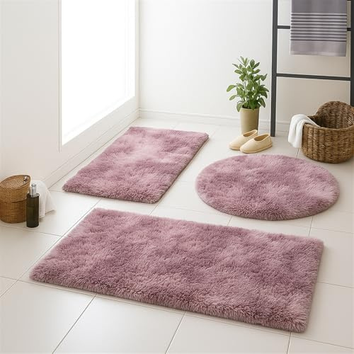 LIVEINU Badematte rutschfest, Flauschiger, Rosa Lila, 80x150cm | Badezimmerteppich in Shaggy Optik, Badvorleger waschbar Duschvorleger, Teppich Fußmatte für Badezimmer, Dusche