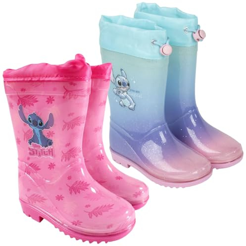 Disney Stitch Stivali da Pioggia Bambina Galosce in PVC Impermeabili Rain Boots Rosa con Dettagli Fucsia e Coulisse Para Schizzi Stivaletti Antiscivolo Cartoon