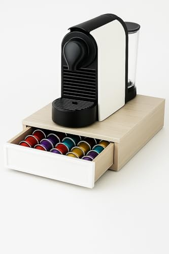 Cecaro Group - – Porta Capsule Caffè con Cassetto in Legno Bianco e Effetto Rovere | Organizer Elegante per Cialde e Capsule (30x30x10 cm)