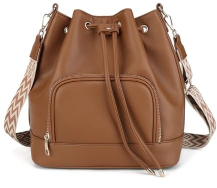 Gladdon Damen Umhängetasche Bucket Bag mit Kordelzug – große Schultertasche mit Vordertasche, verstellbarem Gurt – elegant & praktisch für Alltag, Arbeit und Reisen – Schwarz/Braun/Beige