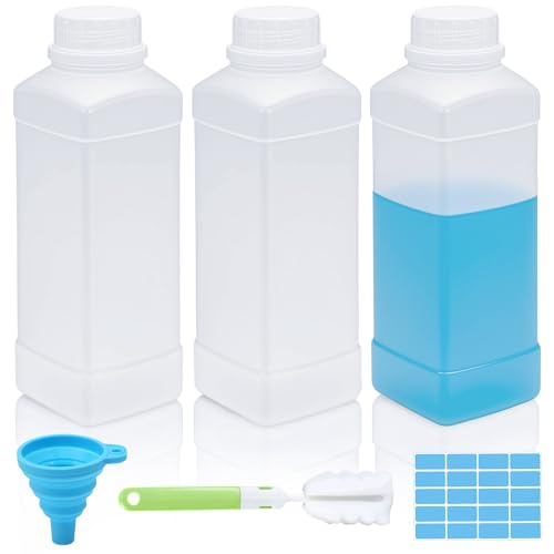 Annickee 3x1000ml Weithalsflaschen mit Schraubverschluß, HDPE | Plastikflaschen zum Befüllen 1L, Chemiekalienflaschen, Laborflasche mit Silikontrichter Reinigungsbürste Aufkleber