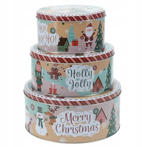 Carousel Home Set of 3 Christmas Storage Tins | Fairy Cake Biscuit Cookie Muffin Treat Storage Set | Triple Festive Round Nesting Tins