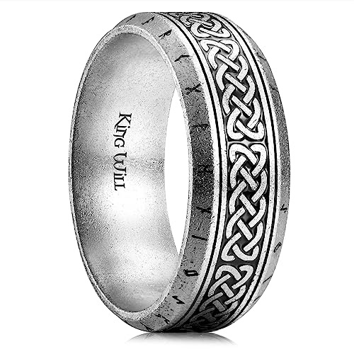 King Will Herren-Ehering 8mm aus Edelstahl, Dreh- oder Basismodell, schwarz/grau/silber/gold plattiert, mit griechischem Schlüssel-, Runen- oder Lebensbaum-Muster, Komfort-Fit