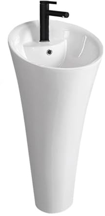 Autoportant Lavabo sur pied monobloc avec trou de trop-plein, meuble-lavabo robinet et ensemble vidange, lavabo en céramique moderne moderne(Blanc)