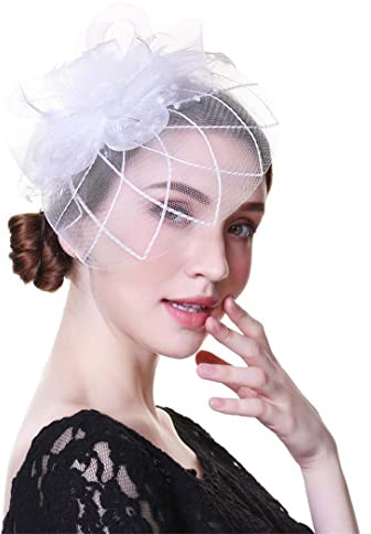 KFGISD, Fascinator-Hut for Frauen, Teeparty, weißes Stirnband, Hochzeit, Cocktail, Blumennetz, Federn, Haarspange,Cocktailhut(White)