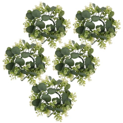 WEKADRIN 5-Teiliger Künstlicher Eukalyptus Kerzenring Grünkranz 10.24In Tischdekoration Mini-Kränze Für Innenbereich Hochzeits- Und Frühlingsdeko Stumpenkerzenhalter