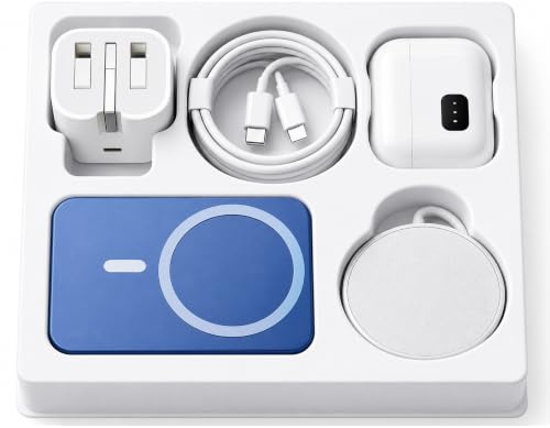 O’Bian 6-in-1 Phone Accessories Kit, 5000mAh Magnetic Power Bank, Wireless Bluetooth Earbuds, 20W Fast Charging UK Plug, USB-C Cable, Magnetic Charger, Travel Essentials for iPhone Samsung (Blue)