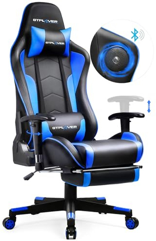 GTPLAYER Gaming Stuhl mit Fußstützen Lautsprecher Bluetooth, Gamer Stuhl Ergonomischer Computerstuhl Bürostuhl Schreibtischstuhl PC Stuhl mit 3D-Armlehnen, 200KG, Blau