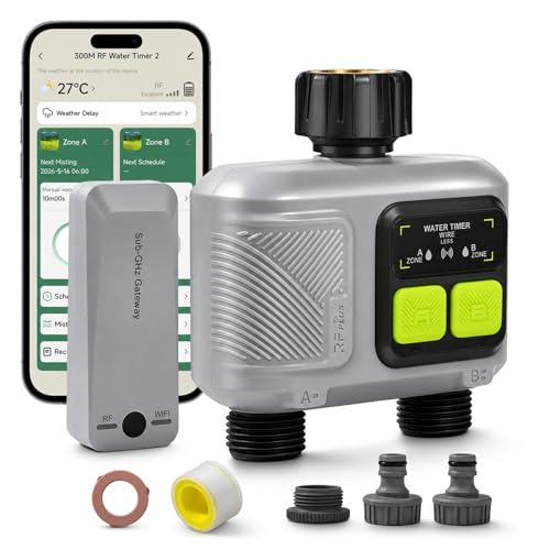 Bewässerungscomputer WLAN 2 Ausgänge mit 300m RF433 Technologie, Smart Zeitschaltuhr Bewässerung mit APP, Alexa & Google Sprachsteuerung, 14 Bewässerungsplänen, Garten Automatische Bewässerungsuhr