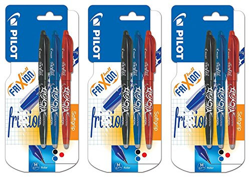 Pilot Frixion Tintenroller (radierbar) je 3 Stück farbig sortiert (3, Black/Red/Blue)