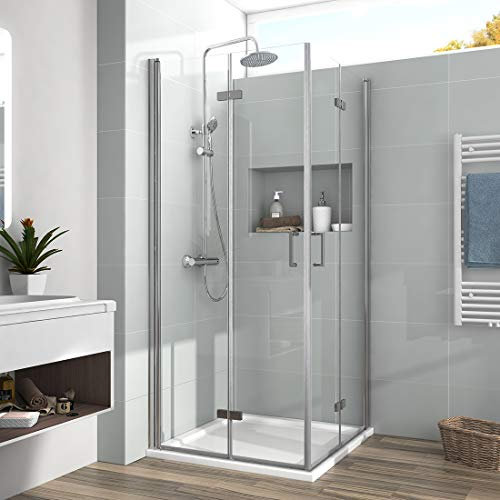 EMKE Duschkabine 100x100 cm Eckeinstieg Duschabtrennung Klappbar Duschtür Doppelt Falttür Duschwand Mit Beidseitiger NANO-Beschichtung Duschtrennwand Falttür Dusche 195cm