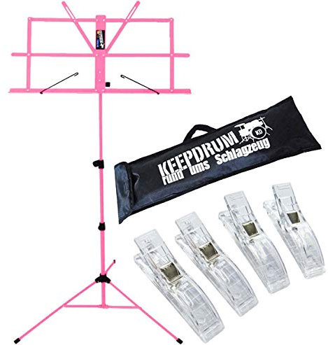 keepdrum MUS2 PK Notenständer Notenpult Pink Rosa mit Tasche + 4 Stück Clip Notenklammer