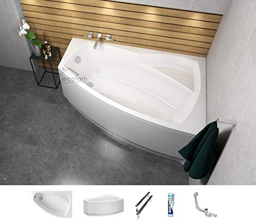 ECOLAM® Badewanne Eckbadewanne Acryl Frida Polimat weiß 140x80 cm RECHTS + Schürze Ablaufgarnitur Ab- und Überlauf Automatik Füße Silikon Komplett-Set
