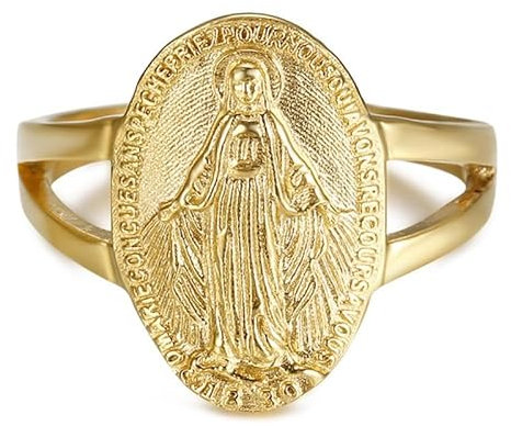 BOBIJOO JEWELRY - Bague Chevalière Vierge Marie Médaille Miraculeuse 1830 Acier INOX 316L Or Doré Plaqué - 16,9 (6 US)