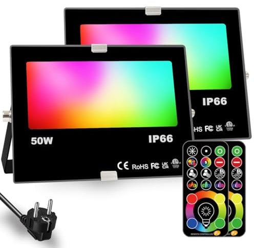 HEKEE Led Strahler Außen 40W RGBW-Farbwechsel, DIY-Strobe-Modus, 120 Farben, Timing, Flutlicht im Freien 4000 Lumen, RGB 2700K Warmweiß, IP66 wasserdicht