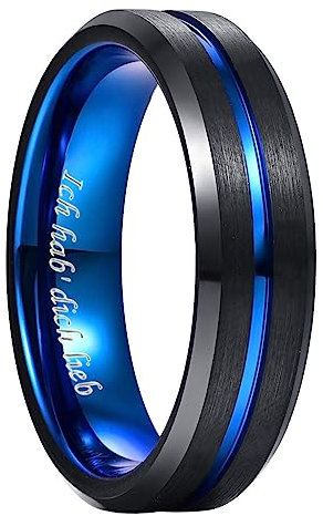 NUNCAD 6mm Schwarz Ringe für Damen Herren mit Blau Rille Unisex Partner Ring für Hochzeit Verlobung Freundschaft Größe 56 (17.8)
