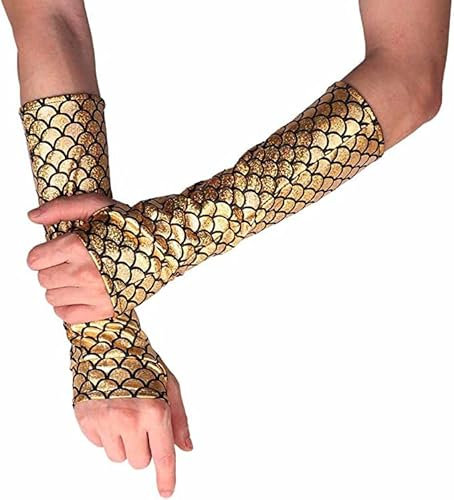 RUNHENG Schimmernde Meerjungfrau-Handschuhe für Damen, Fischschuppen, fingerlos, lang, Ellenbogenlänge, Halloween, Karneval, Maskerade, gold, 29cm
