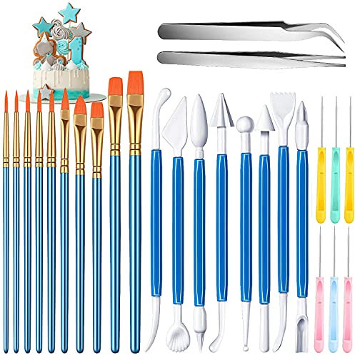 MEISO Juego de herramientas para decorar tartas, 26 piezas, herramientas de modelado, pincel para decoración de galletas, aguja para galletas, aguja para mezclar azúcar, codo y pinzas rectas (azul)