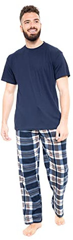 Mens Short Sleeve Pyjamas Set Cotton Rich Top Brushed Fleece Bottoms Top Pants PJ Pajamas Loungewear/Nightwear Gift (Navy - Medium)