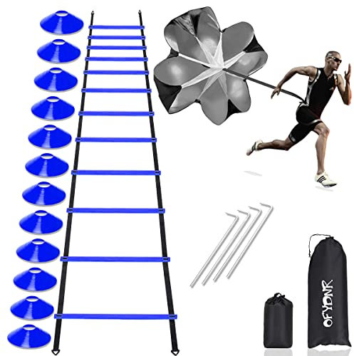 OFYDNR Speed Agility Ladder Training Set - 12 Rung 20Ft Agility Ladder, 12 Disc Cones, 4 Steel Stakes, Resistance Parachute with Carry Bag for Soccer Basketball Football Boxing Footwork Sports