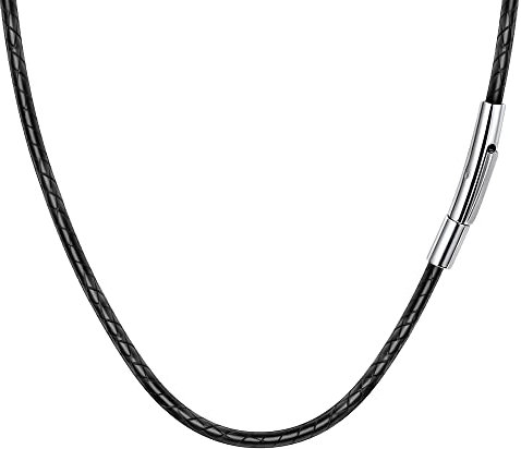 2MM 61CM Kunstleder Halskette Herren ohne Anhänger, Geflochten Lederkette mit Verschluss Druckknopf, Lederband Kette Herren Schwarz, Leder Halskette Geschenke für Männer Valentinstag
