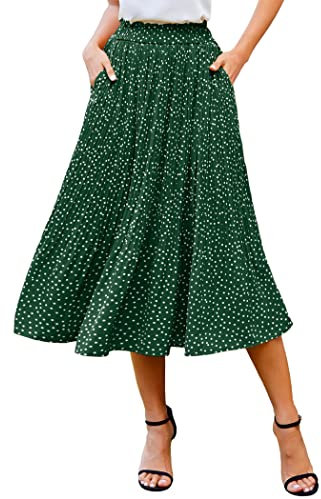Zeagoo Damen Midi Röcke Elastische Hohe Taille Rock Polka Dot Casual Faltenrock mit Taschen, Dunkelgrün, Klein