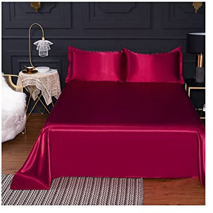 Satin Bettlaken ohne Gummizug Betttuch 120X230cm 180X230cm 230X250cm Laken Flaches Blatt Glänzend weiche und Glatte Bettlaken schwarz blau rot braun lila (Color : Red, Size : 230X250cm)