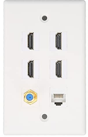 ASHATA 6 Port HDMI Coax Ethernet Wall Plate, 4 HDMI Ports, RJ45 Ethernet Network Coaxial and TV F Head Port Media Wall Outlet Plates, Compatible with Cat5 Cat5e Cat6 Cable