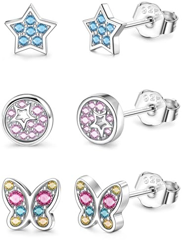 ORAZIO 3 Paare 925 Sterling Silber kleine Ohrstecker für Mädchen Kinder |Schmetterling Herz Blume Cubic Zirkonia Knorpel Ohrringe Set für Frauen Kinder |Hypoallergene Ohrstecker Schläfer Ohrringe Set