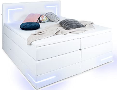 wonello Boxspringbett 160x200 mit Bettkasten und LED Beleuchtung - gemütliches Bett mit LED Beleuchtung - Stauraumbett 160 x 200 cm Weiss mit Matratze und Topper