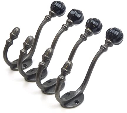 Oakcrafts - Ceramic Tipped Shabby Chic Cast Iron Coat Hook 125mm (Black) - Pack of 4 Hooks