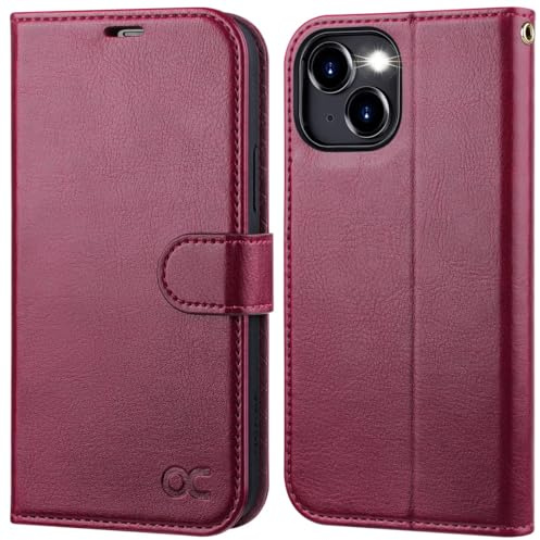 OCASE Kompatibel für iPhone 15 Hülle Handyhülle [Premium PU Leder] [Kartenfach] [Standfunktion] RFID Schutzhülle Klapphülle Handytasche Lederhülle Burgundy