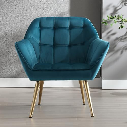chairus Fauteuil Scandinave de Salon avec Pieds en Métal Modern Chaise de Chambre Capitonné en Velours (Bleu-1)