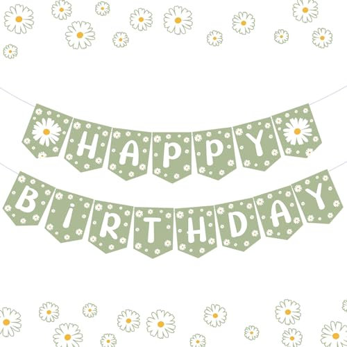 Daisy Happy Birthday Banner für Mädchen, Salbeigrün Gänseblümchen Blume Geburtstag Party Dekorationen für Mädchen Gänseblümchen Thema Geburtstag Groovy Party Home Küche Kamindekoration