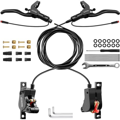 DYISLAND LD-200 2-Kolben-Hydraulik-Scheibenbremsen-Set für E-Bike, hydraulische 2-polige Bremskit, hydraulische Bremskit(mit Montagewerkzeugen und Schrauben) (Schwarz-Vorne1000mm/Hinten1850mm)