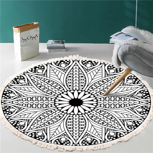 Teppich Rund,Rund Boho Teppich Wohnzimmer Teppich Rund Mandala mit Quasten,Baumwollteppich Mandala Rutschfest Abwaschbar,für Teppich Schlafzimmer Flur Wohnzimmer Kinderzimmer (60 x 60 cm, Schwarz)